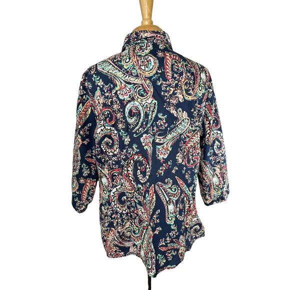 CHICOS No Iron Blue Pink Multi Paisley Button Up Shirt Size XL (3) *READ* - Picture 3 of 11